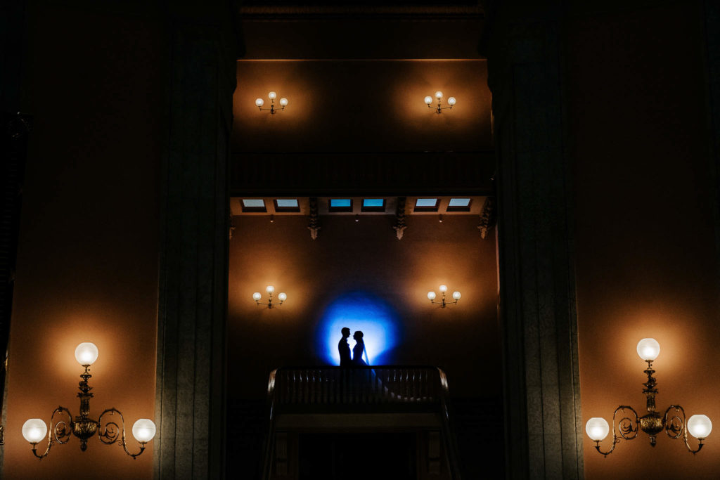 Romantic portrait of a bride and groom at the Ohio Statehouse