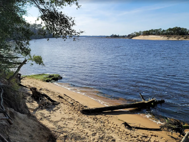 Photo of Carolina State Park by the lake on the sandy shore with water in the background. Engagement Photography beach area.